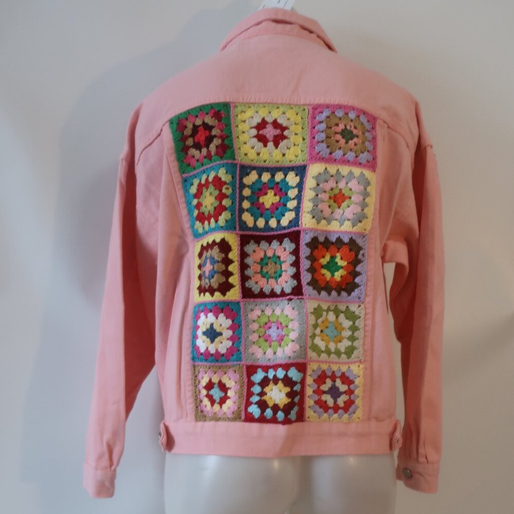 NWT Womens Regina (Item- 217) Pink Multicolor Crochet Motif Denim Jacket L - Picture 4 of 8